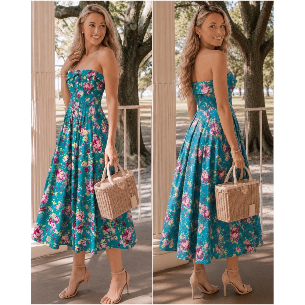 Laura Ashley Strapless Floral Midi Dress Teal Pink Pleated US 8 Ireland